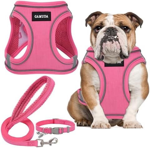 GAMUDA Small Pet Harness Collar and Leash Set, Step in No Chock No Pull Linen Fabric Soft Mesh Dog Vest Harnesses Reflective for Dogs Puppy Cats Kitten Rabbit (Pink, XL)