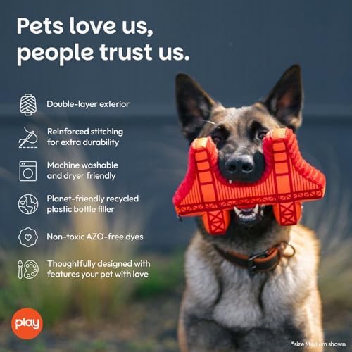 P.L.A.Y. Cute Plush Dog Toys - Totally Touristy Landmark Themed Durable Squeaker Toy, Great for Puppies & Small, Medium, Large Dogs - Machine Washable, Recycled Materials (Golden Gate Bridge, Medium)