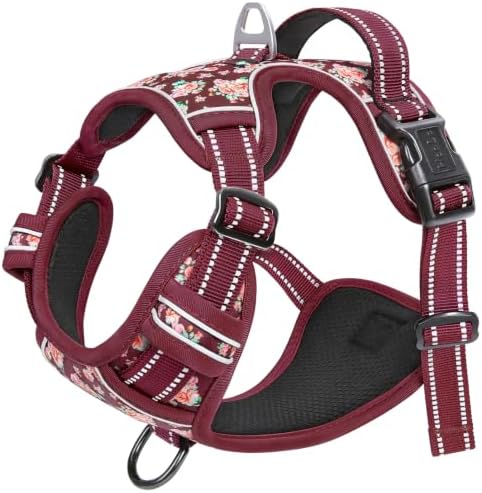 HEELE Large Dog Harness, Reflective, No Pull No Choke, Flower Burgundy, XL