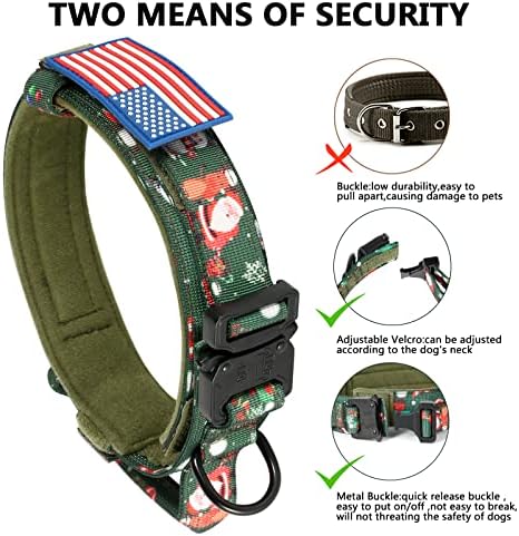 DAGANXI Christmas Tactical Dog Collar, Adjustable Military Training Nylon Dog Collar with Control Handle and Metal Buckle for Medium and Large Dogs, with Patches and Airtags Case (M, Christmas Green)