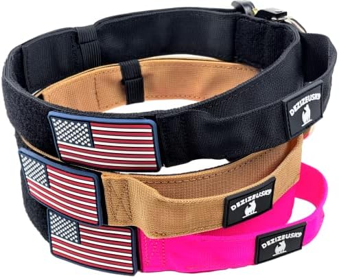 Tactical Dog Collar with Handle - 1.5 Inch Thick Heavy Duty Nylon, Military Style Metal Quick Release Buckle & Integrated D-Ring, for Medium & Large Dogs – Includes USA Flag On Customizable Name Plate