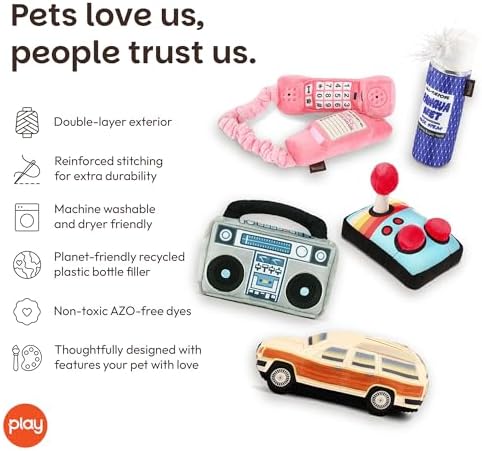 P.L.A.Y. Cute Plush Dog Toys - 1980s Classics Themed Durable Squeaker Crinkle Chew Toys, Great for Puppies & Small, Medium, Large Dogs - Machine Washable, Recycled Materials (5 Piece Set)