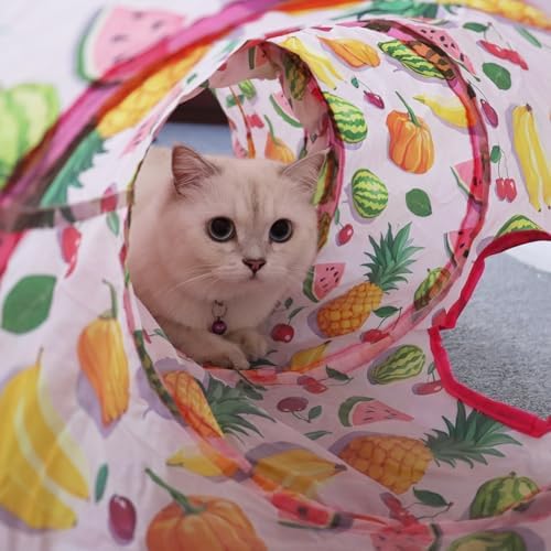 Andiker Cat Tunnel for Indoor Cats, 45" Long Rainbow Collapsible Kitten Tube with a Fun Ball and 2 Holes Cat Play Tunnel, Rabbit Tunnel for Kittens Exercising Hiding Training and Running (Pink)