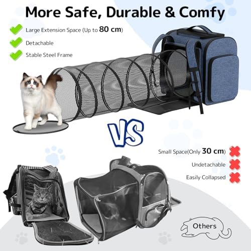 Pawtners Cat Backpack with Play Tunnel, Design for Carrying Playing Blue