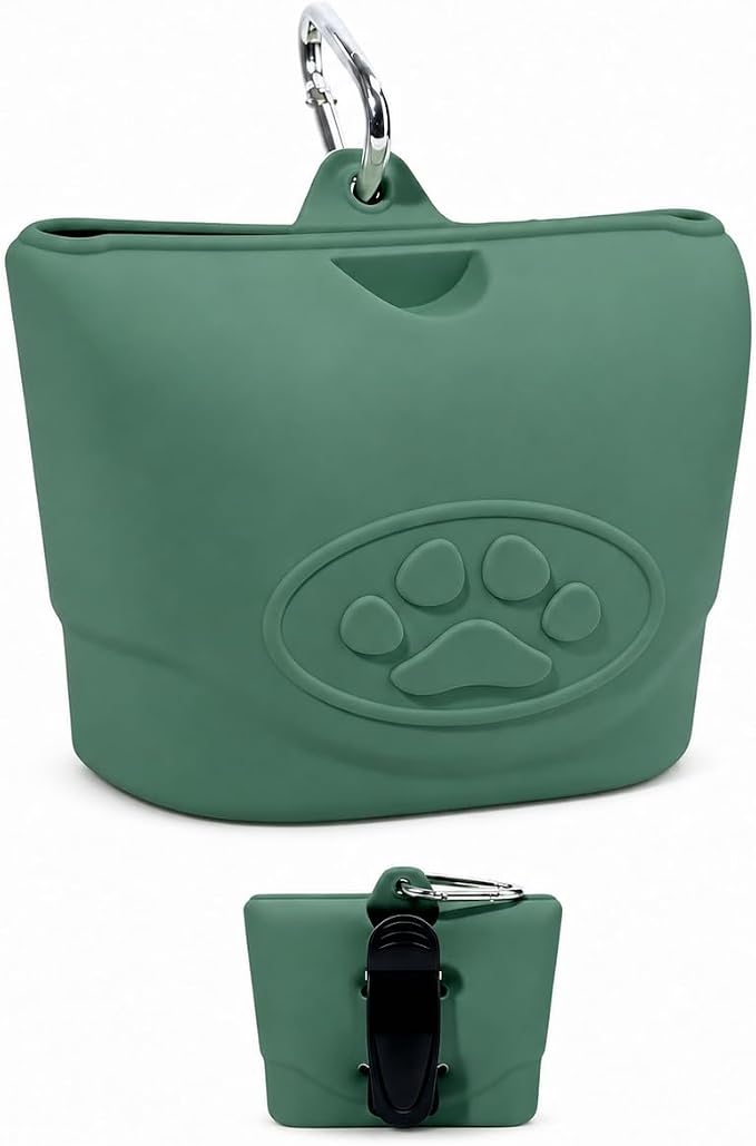 Upgraded Dog Treat Pouch with Strong Magnetic Closure - Small Silicone Training Bag, Waist-Mounted Clip & Leash Carabiner, Airtight Portable Treat Bag (Dark Green)