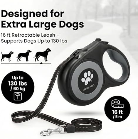 16 ft Retractable Dog Leash for Extra Large Dogs up to 130 lbs,Tangle-Free Nylon Tape,Black Dan24 XL