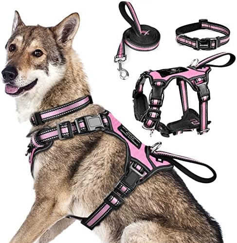 WINSEE Pet Harness Collar and Leash Set, All-in-one Reflective Dog Harness No Pull with Adjustable Buckles for Puppies, Small, Medium, Large, and Extra-Large Dogs (X-Large, Pink)
