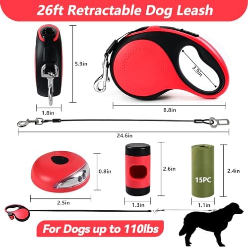 26ft Retractable Dog Leash for Large Dogs Up to 110lbs, with LED Light