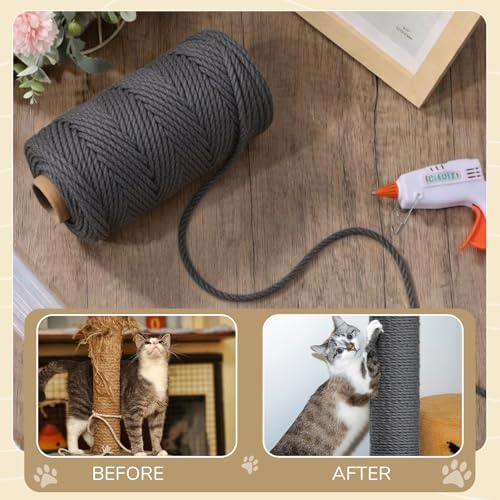 Natural Sisal Cat Rope for Posts, 1/4in ×164ft, Grey