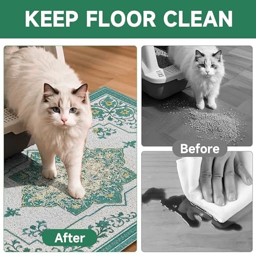 Cat Litter Mat, 35" x 23" Litter Box mat, Traps 100% Litter, Non-Slip Kitty Litter Trapping mats, Large Cute Litter mat, Easy Clean for Scatter Control, Bohe cat Food mat, Urine Waterproof