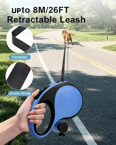 dyTrek 26 ft Retractable Dog Leash for Large Dogs with Bag Dispenser Blue
