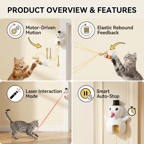 Luxelle Interactive Cat Toy for Indoor Cats, Automatic Hanging Cat Toy with 6.5ft Retractable Elastic Cord, Motion & Laser Play Modes, USB Rechargeable, Wall & Door Mount Toy