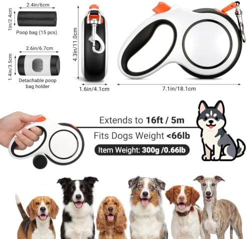 Segarty 16 Ft 360°Tangle-Free Leash with Detachable Waste Bag Holder, Retractable Dog Lead for Pet up to 66 Lbs, 5m White Walking Leash with Anti-Slip Handle & One-Handed Brake Pause Lock for Outdoors