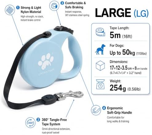 Retractable Dog Leash, 16ft Heavy Duty Nylon Tape for Large Dogs up to 110 lbs, One-Hand Brake & Lock, Tangle-Free, Ergonomic 3.2" XL Handle, Lightweight 0.56lb Blue L GC-DAN
