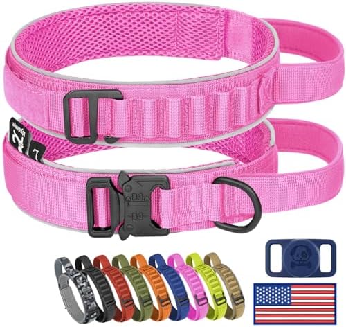 HYDEME Tactical Dog Collar, Alpine Loop Adjustable Military Training Nylon Dog Collars with Handle and Reflective for Small Medium Large Dogs, with Airtags Protective Case & Patches.(L,Pink)
