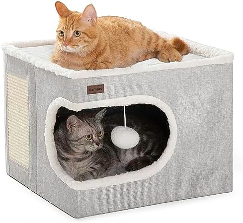 Garnpet Cat Bed for Indoor Cats Cube House, Covered Cat Cave Beds & Furniture with Scratch Pad and Hideaway Tent, Cute Modern Cat Condo for Multi Small Pet Large Kitten Kitty, Grey