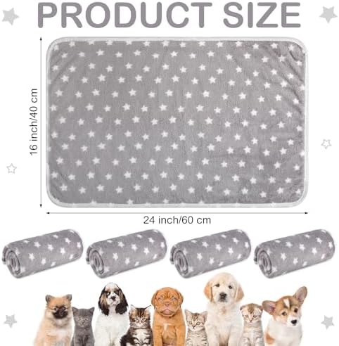 Tranqun 4 Pcs Puppy Pee Pads Waterproof Reusable Training Washable Pee Pads for Dog Cat Throw Blanket Pet Crate Mats Blanket Stars Pattern Animals Cage Liner(Gray,16 x 24 Inch)