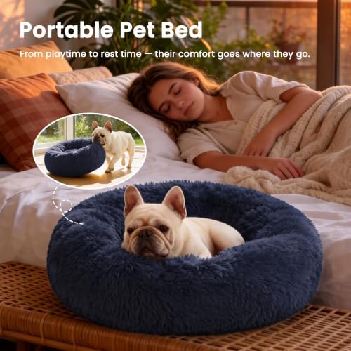 Love's cabin Calming Cat Bed for Indoor Cats, Anti-Anxiety Donut Round Dog Bed, Fluffy Faux Fur Washable Pet Bed for Small Medium Dogs and Cats, Navy, 24in