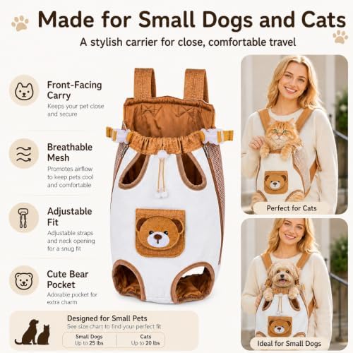 Dog Cat Front Carrier Backpack, Cute Bear Style for Small Pets，#A：Medium