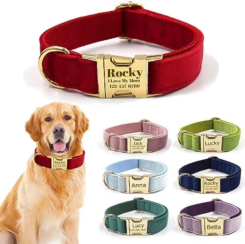 Custom Personalized Dog Collars with Pet Name/Phone Number Engraved Gold Metal Buckle - Adjustable Sizes Soft Thick Velvet Collar for Small Medium Large Dogs 4 Colors - Dog Leash and Bow Tie Available