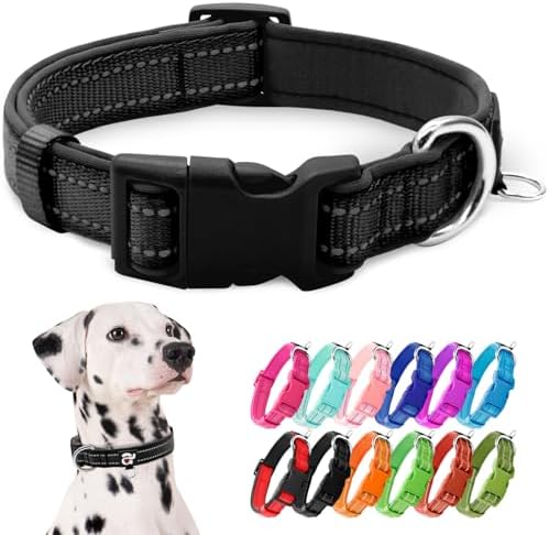 azuza Reflective Dog Collar, Neoprene Padded Large Dog Collar, Black, L