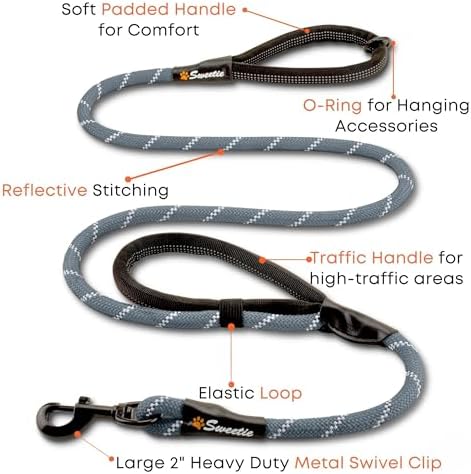 Sweetie Rope Dog Lead - Strong Leash with 2 Comfortable Padded Handles 5 FT for Medium & Large Size Pets - Reflective, Weather Resistant & O-Ring. Grey