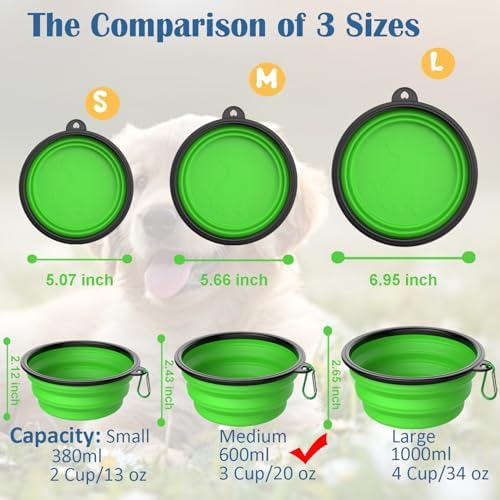 Collapsible Dog Bowls [3 Pack] 20 oz, Travel Dog Bowls, Pet Bowl Portable Foldable Water Food Feeding Dishes with Carabiner Clip for Traveling Hiking Walking-Black & Green & Blue