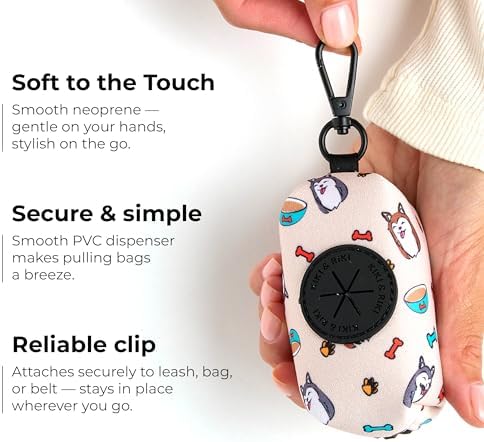 KIKI & RIKI Premium Dog Poop Bag Holder, Waste Bag Dispenser with Leash Clip, Artist-Designed Print (Designed in Georgia), Includes 1 Starter Roll of Bags, Fits Standard Rolls, Beige (Funny Pups)