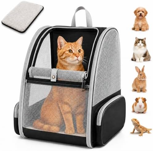 Cat Carrier Backpack for Cats and Small Dogs up to 15 lbs, Soft-Sided Foldable Pet Carrier with Breathable Mesh, Front Upper&Dual Side Entry, Support Frame, Hard Bottom for Vet Visits and Air Travel