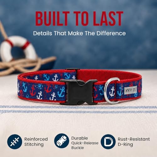 THE WORTHY DOG Summer Print, Adjustable Dog Collar,Medium Dogs, Anchors
