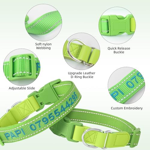 Custom Nylon Reflective Dog Collar, Personalized Embroidered Dog Collar with Name and Phone Number, Upgraded D-Shaped Leather Ring, 4 Adjustable Sizes - for Boy, Girl Dogs (Embroidery)