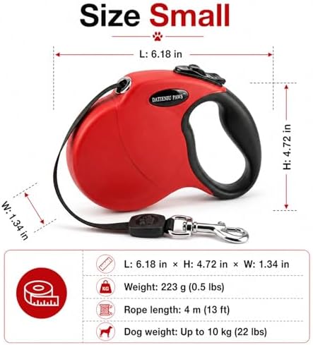 Small 13 FT Retractable Dog Leash – Hands-Free Adjustable Leash for Dogs Up to 22lbs, Tangle-Free Nylon with Ergonomic Grip for Walking, Training & Outdoor Safety Red S