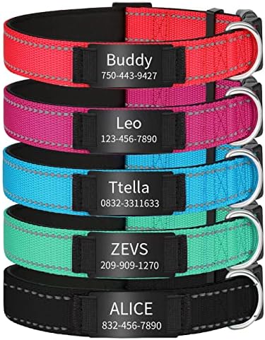 Personalized Reflective Dog Collars,Custom Engraved Stainless Steel Name Plate ID Collar Padded Pet Collar 4 Adjustable Sizes X-Small Small Medium Large (Black ID Tag)