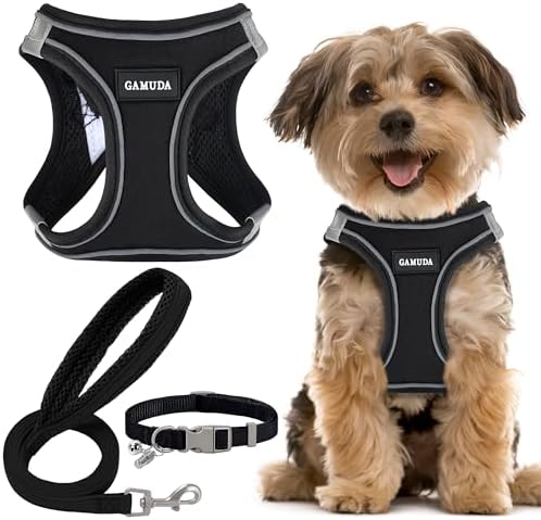 GAMUDA Small Dog Harness Collar and Leash Set, Step in No Chock No Pull Linen Fabric Soft Mesh Dog Vest Harnesses Reflective for Dogs Puppy Cats Kitten Rabbit (Black, XXS)