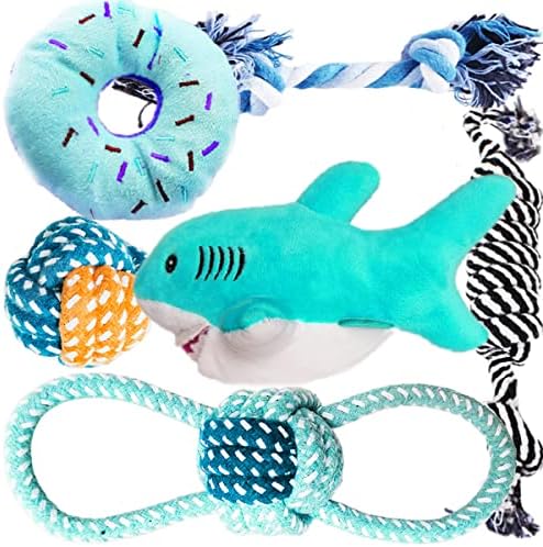 Dog Toys for Puppy Playtime, Teeth Cleaning, Teething - Squeak Chew Toys for Small Dogs, Chihuahua - 6pcs (Shark)