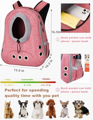 Small Dog Cat Chest Backpack Carrier,Large Space Ventilated Front Facing Backpack Carrier for Puppy,Lightweight Doggy Backpack for Hiking,Camping,Travel,Outdoor,Max 12 lbs(Pink)