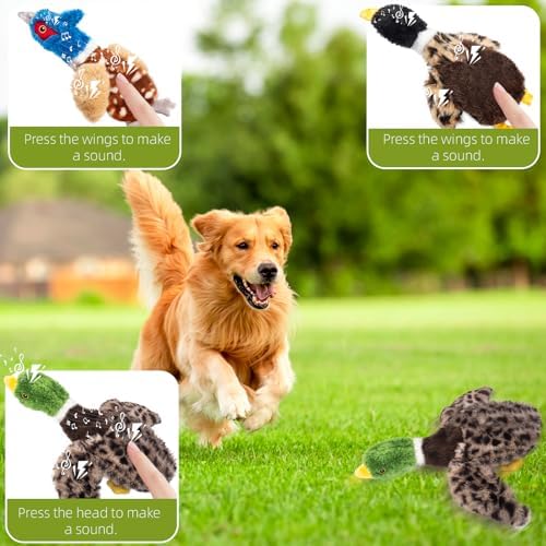 Stuffing-Free Duck Dog Toy, Plush Squeaky Toy with 4 Squeakers and Crinkle Wings, Hollow Body No-Stuffing Design for Small Medium Dogs