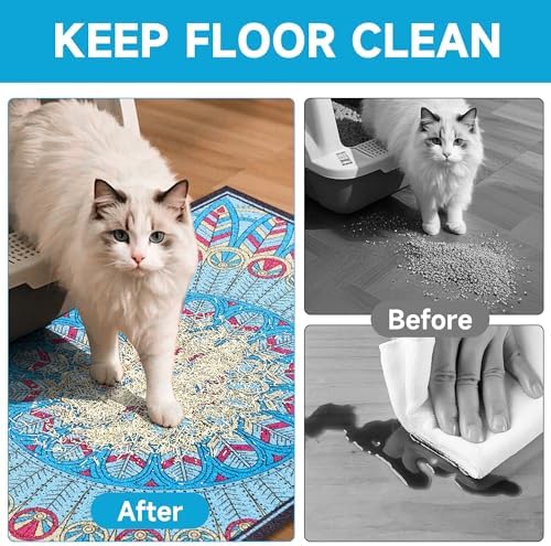 Cat Litter Mat, 35" x 23" Litter Box mat, Traps 100% Litter, Non-Slip Kitty Litter Trapping mats, Large Cute Litter mat, Easy Clean for Scatter Control, Bohe cat Food mat, Urine Waterproof