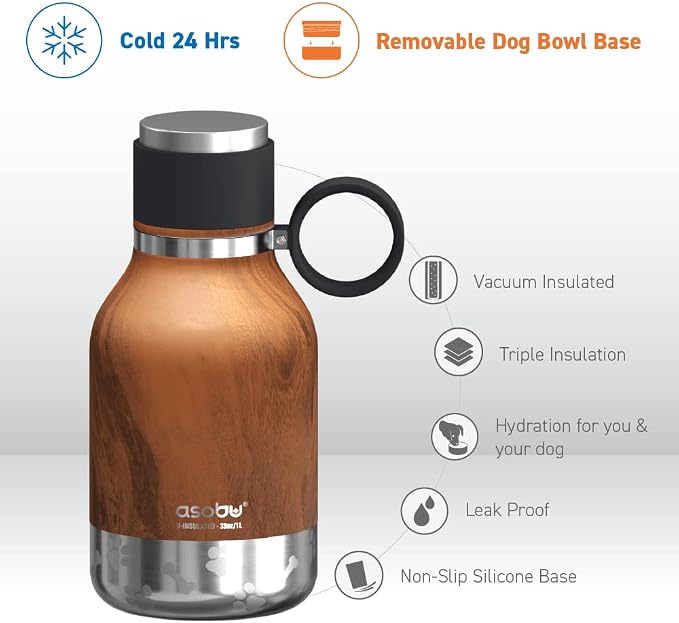 Asobu Buddy Bottle a Stainless Steel Insulated Water Bottle for with Removable Dog Water Bowl and Dog Food and Treat Storage Bowl (Wood, 37 oz Water Bottle with Bowl)