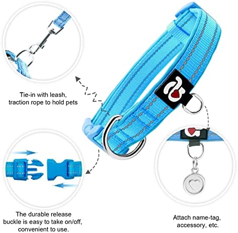 azuza Reflective Dog Collar,Soft Neoprene Padded Pet Collar with ID Tag Ring,Adjustable for Medium Dogs,Sky Blue,M