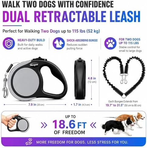 Double Retractable Dog Leash for Two Dogs Up to 115 lbs - 18.6 ft Coupler Leashes for Small Medium Dogs - One Locked System, Non Slip Grip, Tangle Free