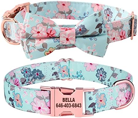 Personalized Dog Collar with Bow Tie - Birthday Custom Dog Collar Flower with Metal Buckle Adjustable Cute Collar for Girl Puppy Small Medium Large Dog