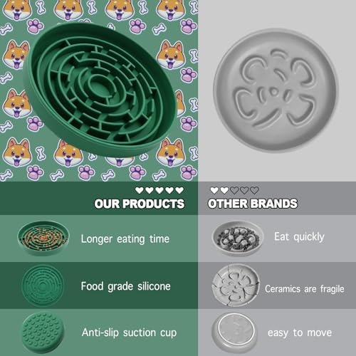 Silicone Slow Feeder Bowl, with Non-Slip Suction Cups, Anti-Choking, Puppy Puzzle Bowl, Slows Down Eating Speed, Relieves Anxiety, Suitable for S&M Sized Dogs and Cats(Green