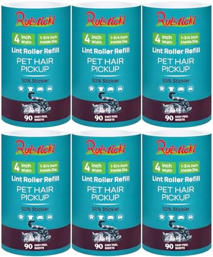 4 inch Lint Roller Refills Only for Scotch-Brite Pet Hair Pickup Extra Sticky Lint Roller 90 Sheets per Refill 6 Pack 540 Easy-Tear Adhesive Sheets Total (Inside Dia. 1 3/4 inch)