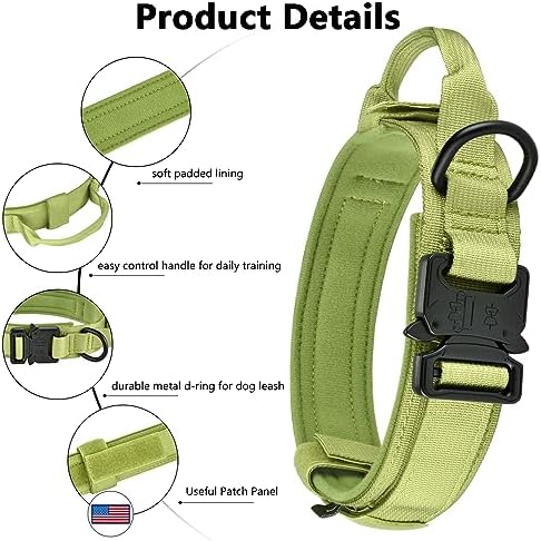 DAGANXI Tactical Dog Collar, Adjustable Military Training Nylon Dog Collar with Control Handle and Heavy Metal Buckle for Medium and Large Dogs, with Patches and Airtags Case (M, Spring Grass)