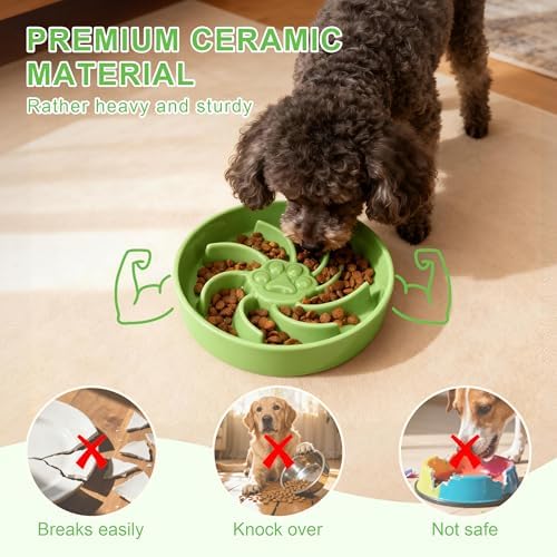 Ceramic Slow Feeder Dog Bowl, 3 Cup Dog Food or 25oz Water, Slow Eating Bowl for Middle Breed, Maze Puzzle Feeder for Fast Eaters, Anti-Choking Stop Bloat, Non-Slip BPA Free (Green)