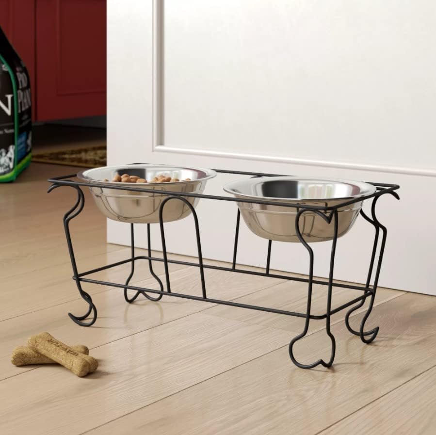 YML 10-Inch Wrought Iron Stand with Double Stainless Steel Feeder Bowls