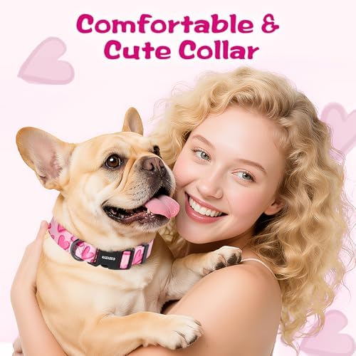 Kazazoo Dog Collar Cute and Soft Nylon Puppy Collar Girl Dogs, Adjustable Dog Collars for Extra Small Dogs, Hot Pink Heart-XS