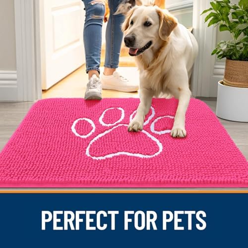 OLANLY Dog Door Mat for Muddy Paws 30x20, Paw Print Design Chenille Mud Mat
