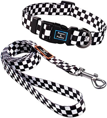 Roses&Poetry Dog Collar and Leash for Medium Large, Adjustable Durable 5ft Puppy Leash Collar for Dog Training Lead（Black & White-L）